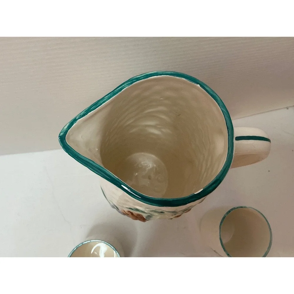 Vintage‎ Pitcher and 5 Cup Set Fruit Basketweave Ceramic Tropical Cream